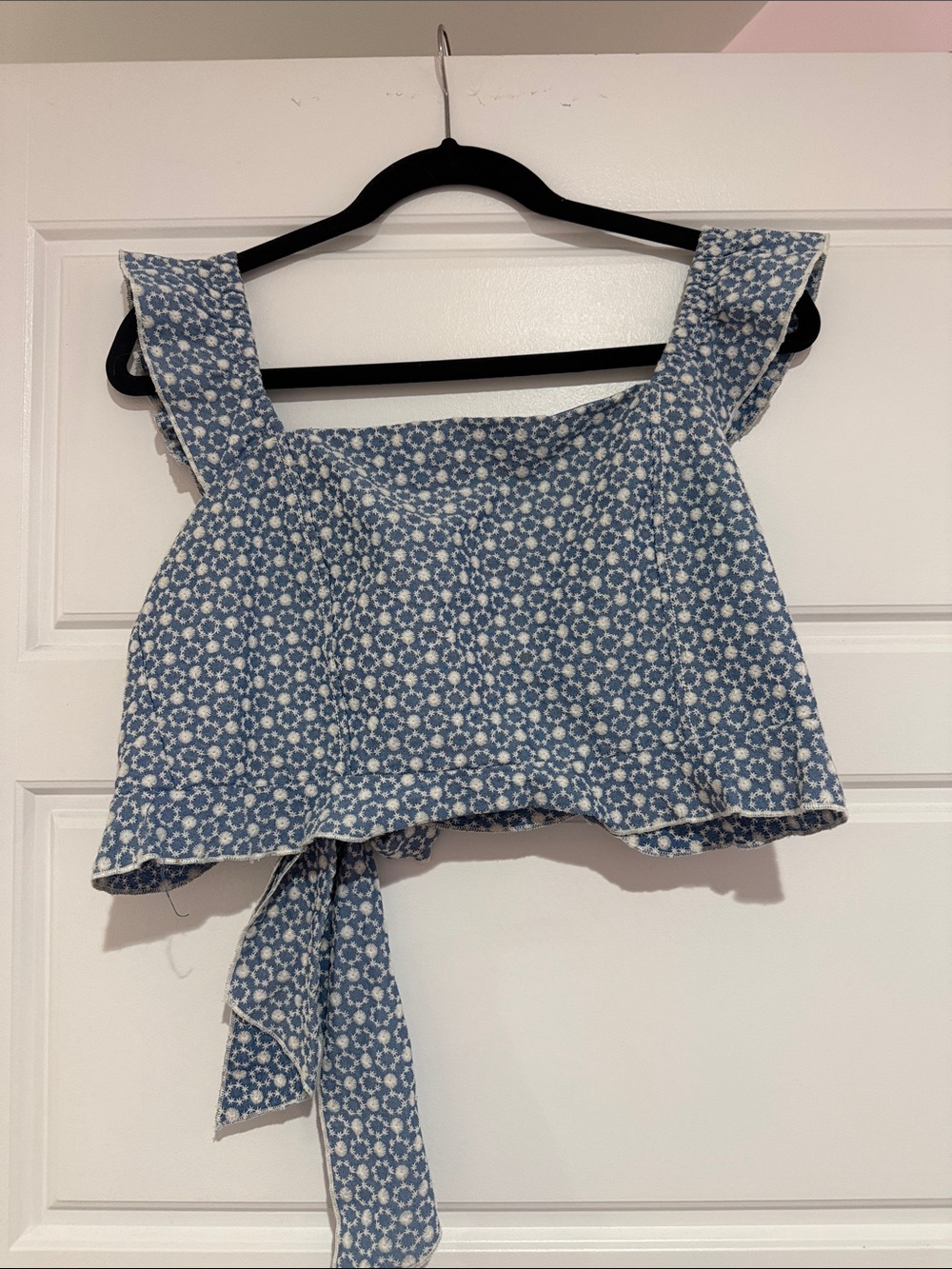 Blue Floral Square-Neck Tie-Front Crop Top